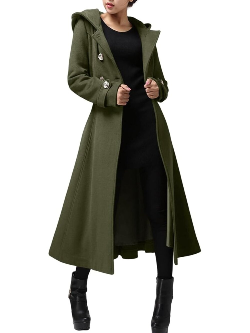 Women's Army Green Long Double-Breasted Hooded Winter Wool Overcoat Trench Coat